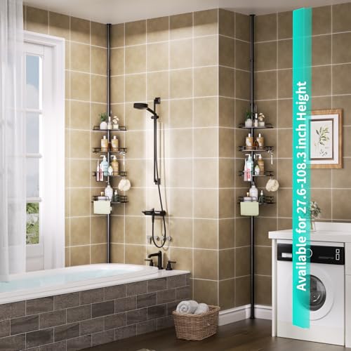 Black Shower Caddy Organizer with Hooks & Toothbrush Holder - Fits 27.6-108.3 Inches