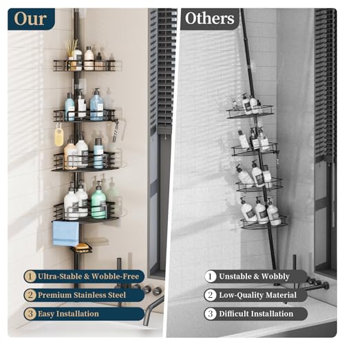 Rustproof Black Corner Shower Caddy with Towel Bar & Soap Holder